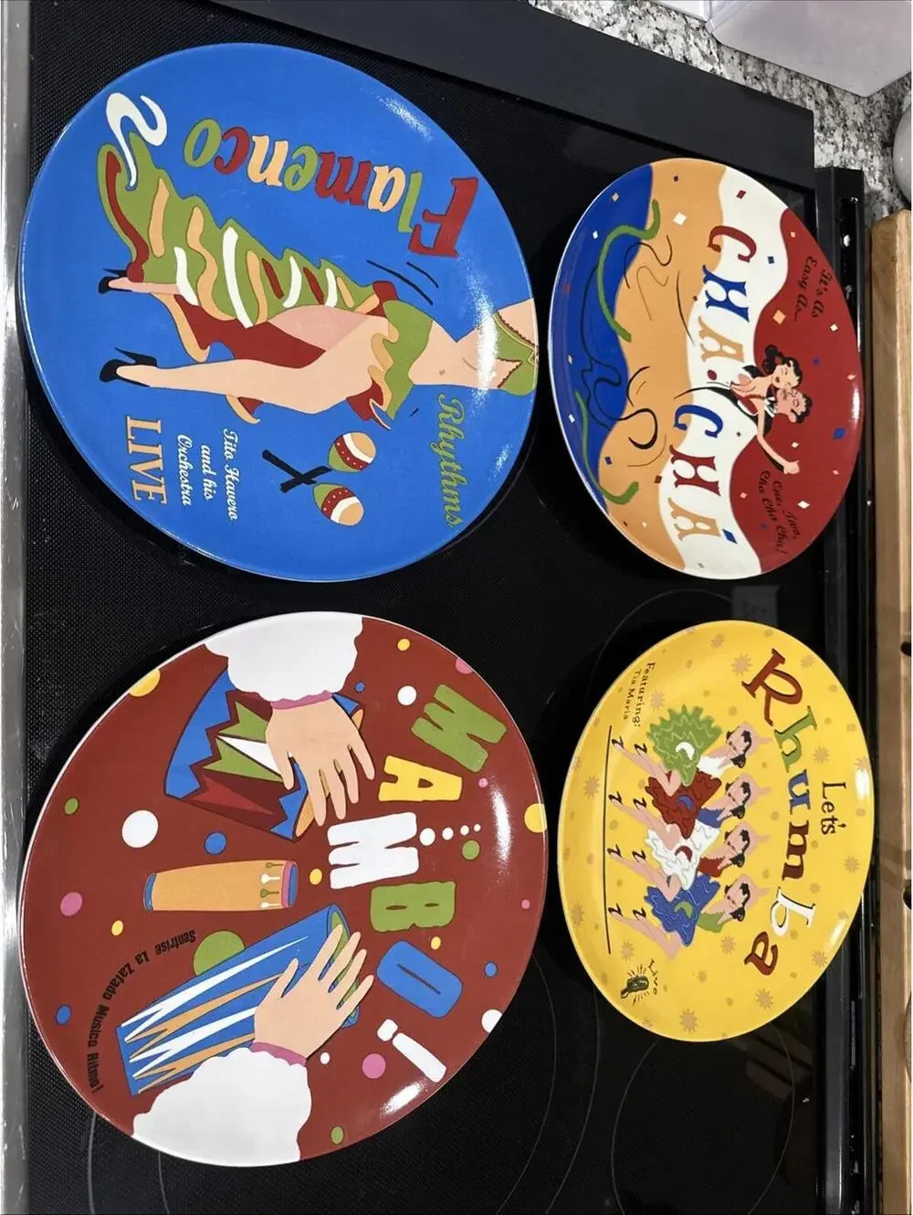 Lot Of 4 Retired Pottery Barn THE DANCE Plates: Mambo, Flamenco, Rhumba, Cha Cha